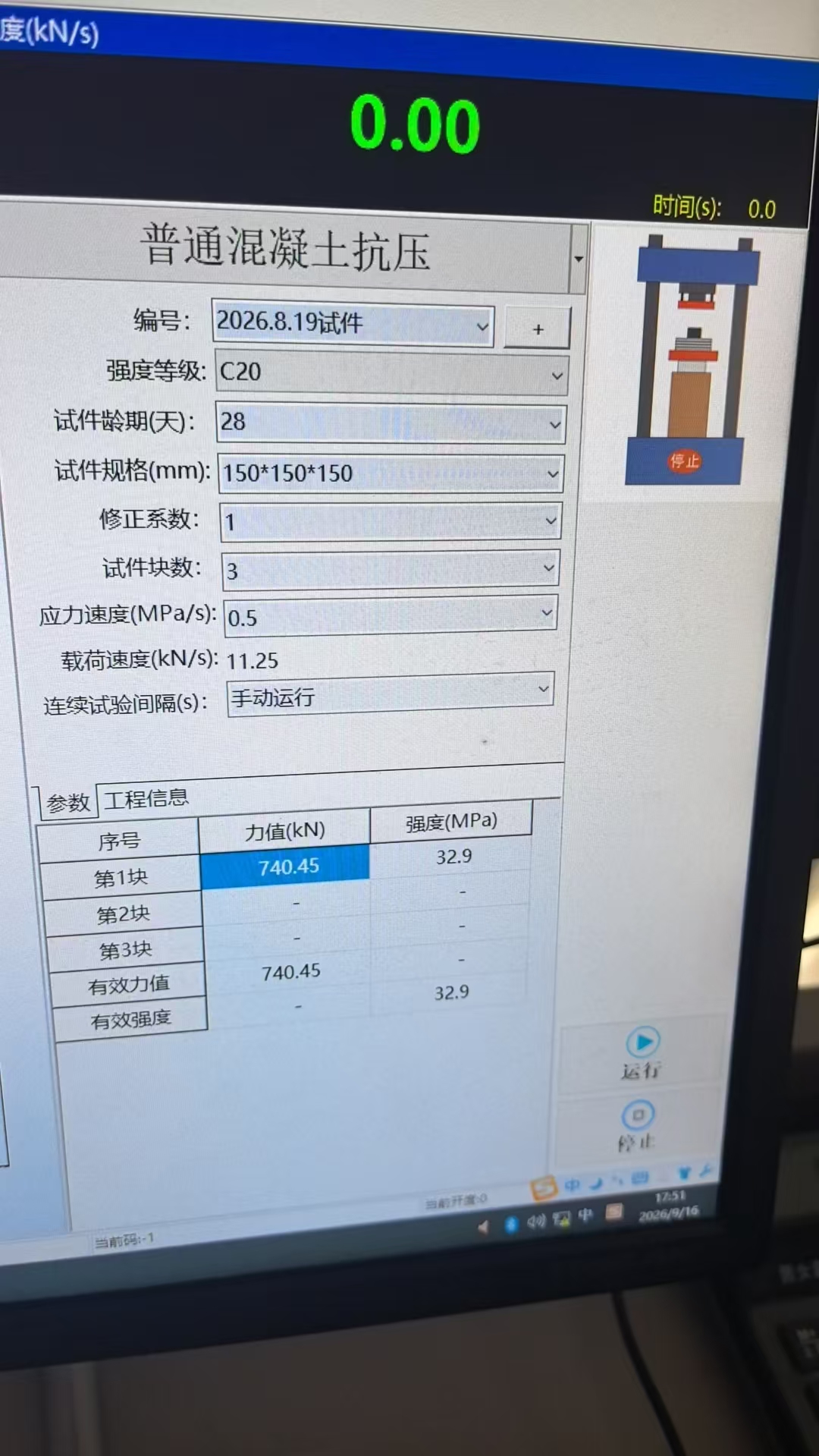 压力试验机记录:C20 龄期 28 天,破坏荷载 740.45 kN,抗压强度 32.9 MPa